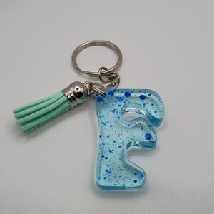 Women's Blue Speckled Letter F Keychain with Tassel